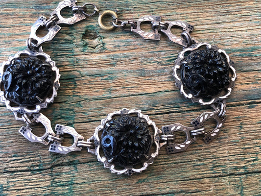 Antique Victorian Art Nouveau Silver Hand Painted Enamel & Black Molded Art Glass Flower Mourning Bracelet