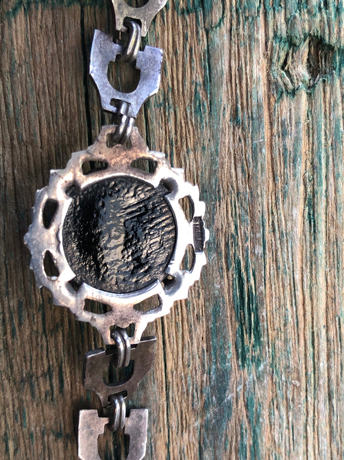 Antique Victorian Art Nouveau Silver Hand Painted Enamel & Black Molded Art Glass Flower Mourning Bracelet