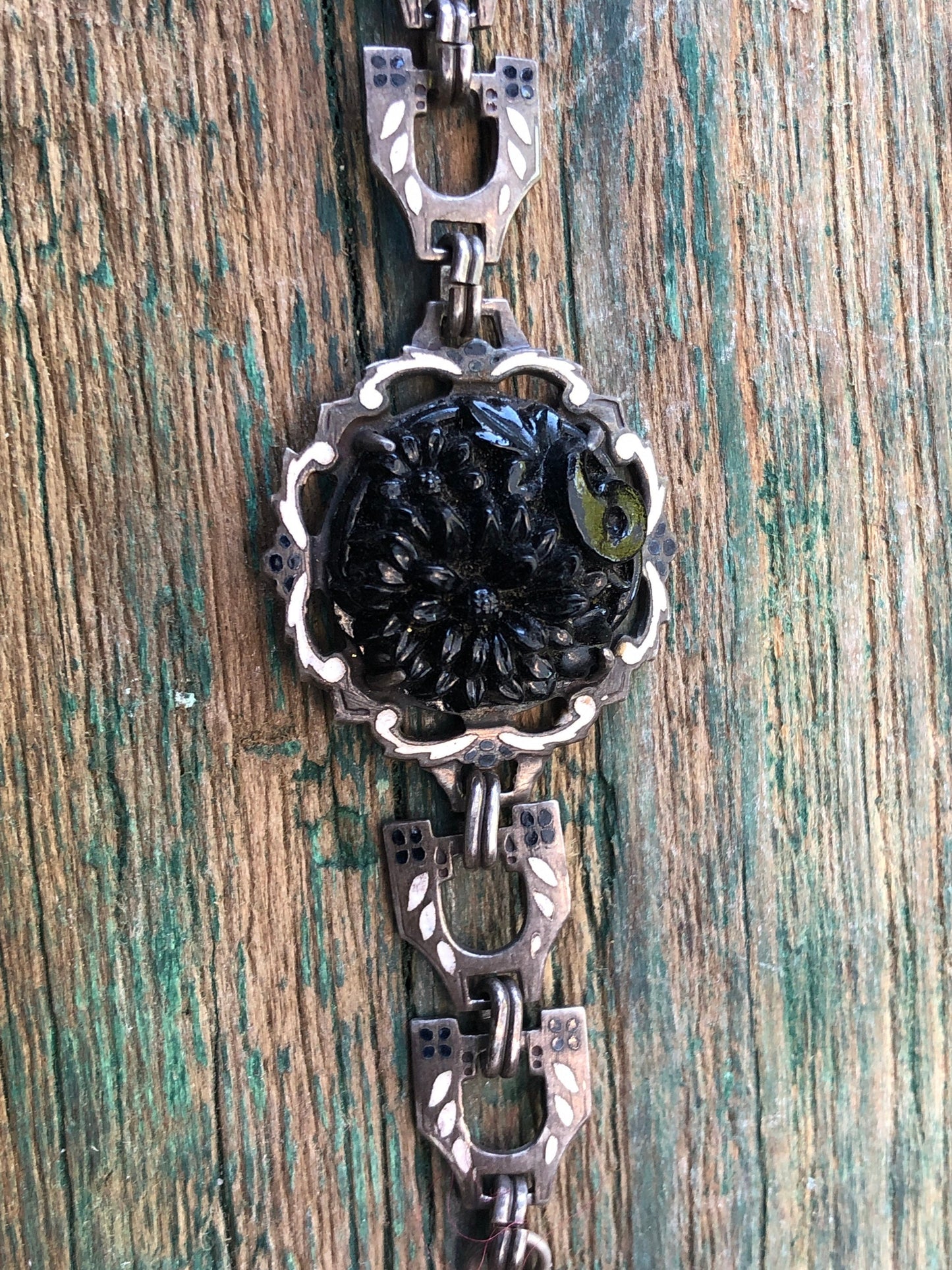 Antique Victorian Art Nouveau Silver Hand Painted Enamel & Black Molded Art Glass Flower Mourning Bracelet