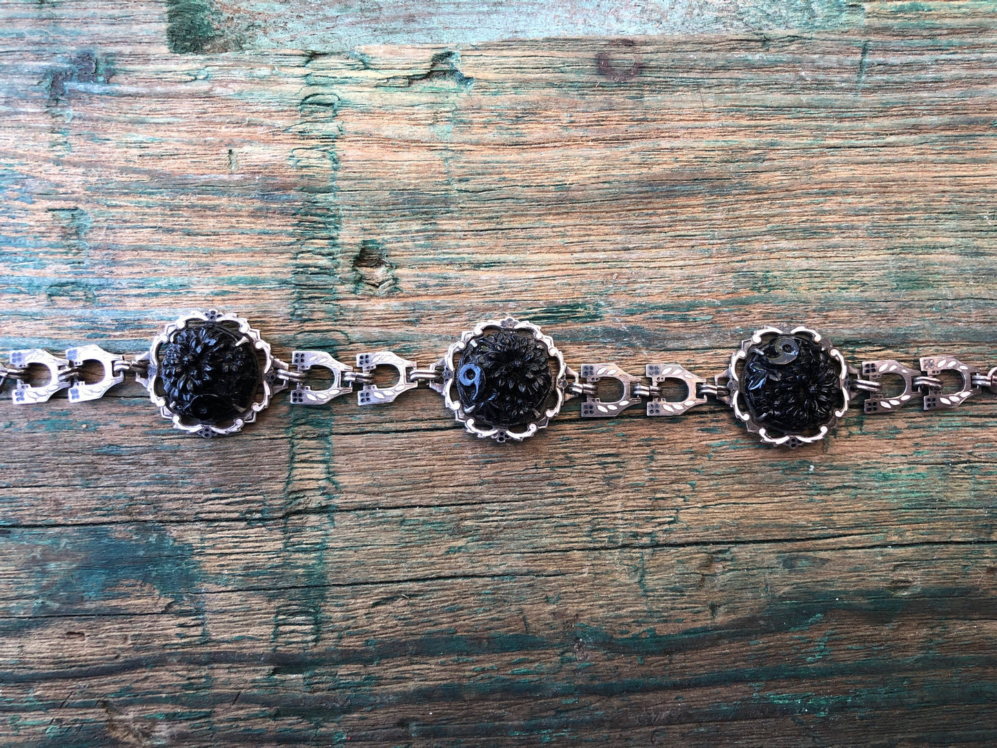 Antique Victorian Art Nouveau Silver Hand Painted Enamel & Black Molded Art Glass Flower Mourning Bracelet