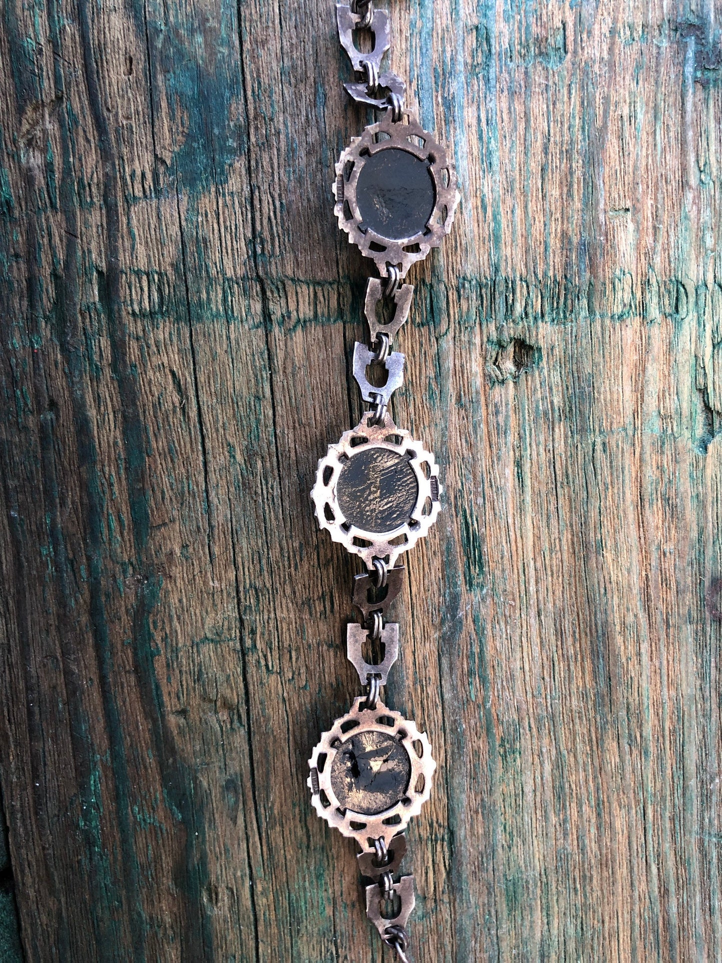 Antique Victorian Art Nouveau Silver Hand Painted Enamel & Black Molded Art Glass Flower Mourning Bracelet
