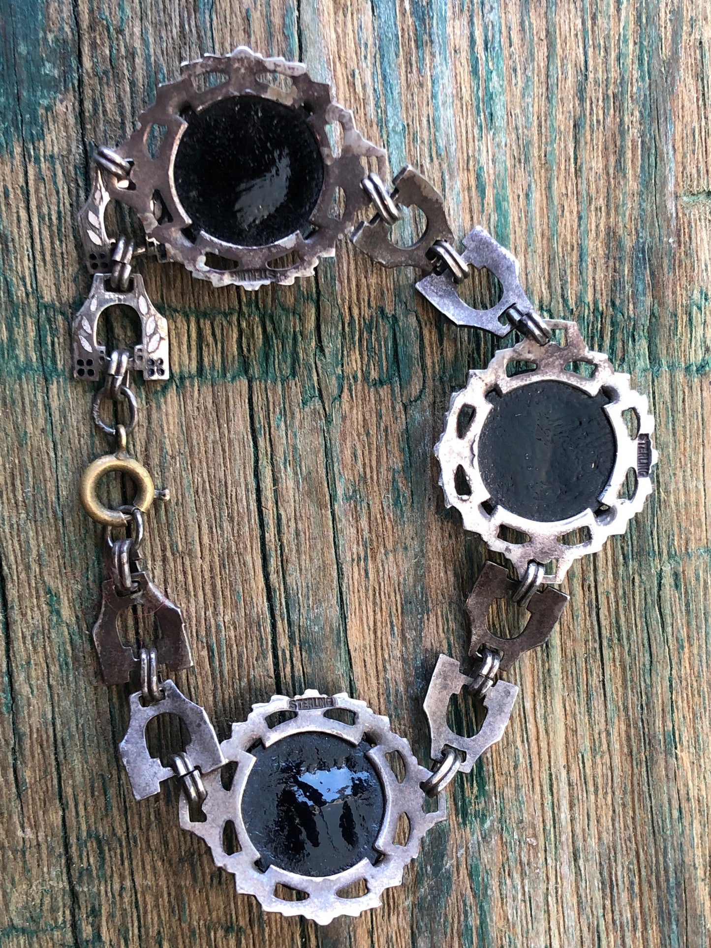 Antique Victorian Art Nouveau Silver Hand Painted Enamel & Black Molded Art Glass Flower Mourning Bracelet