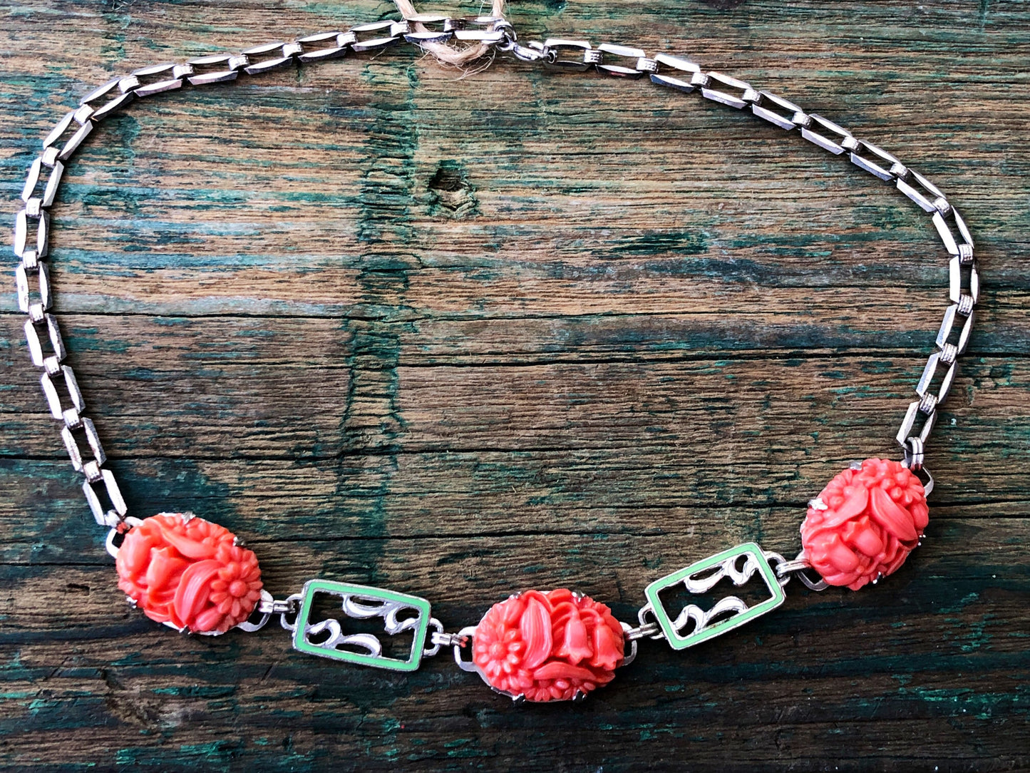 Art Nouveau Sterling Silver Molded Pink Coral Flower Art Glass & Green Enamel Square Chain Necklace