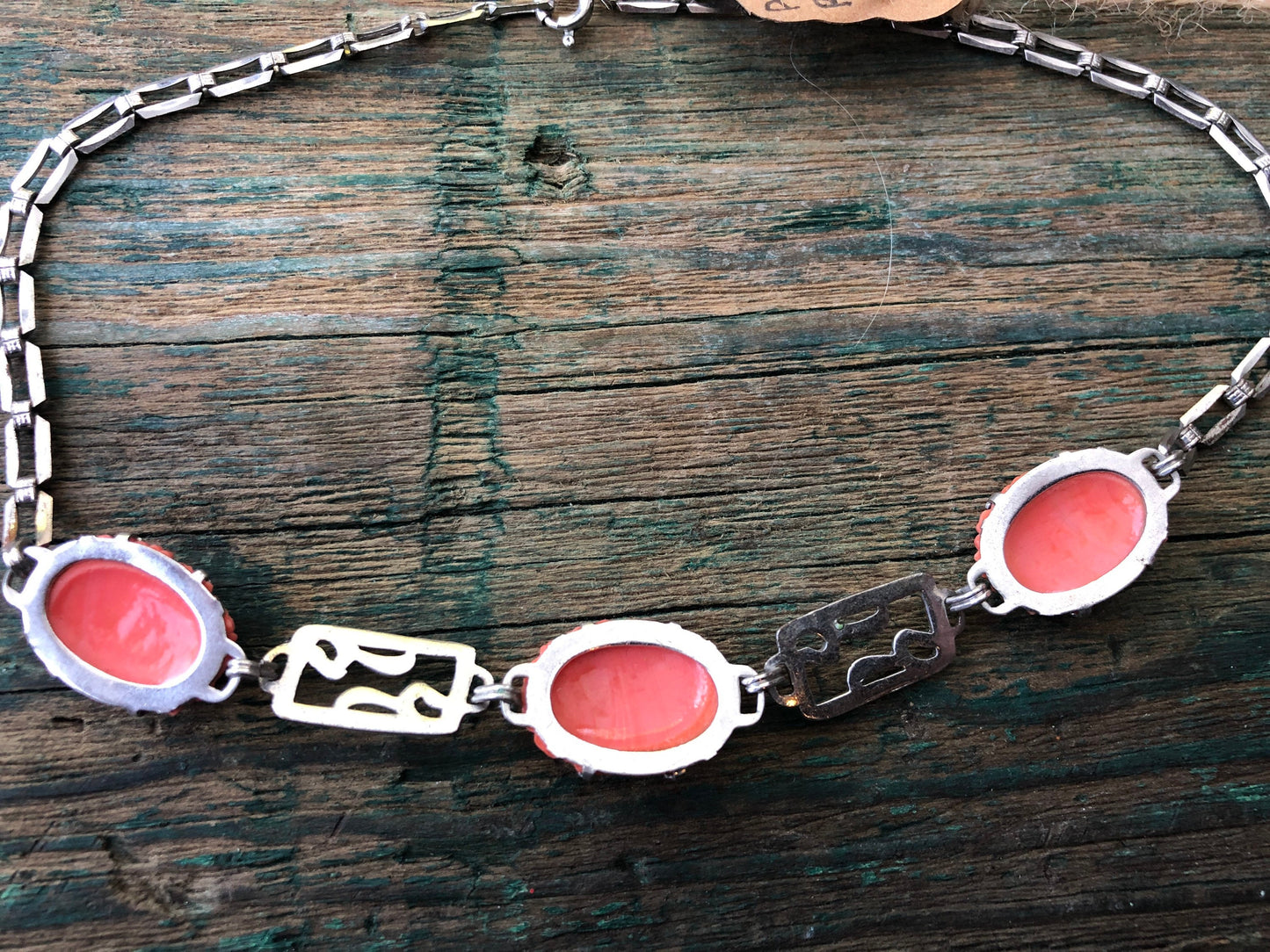 Art Nouveau Sterling Silver Molded Pink Coral Flower Art Glass & Green Enamel Square Chain Necklace