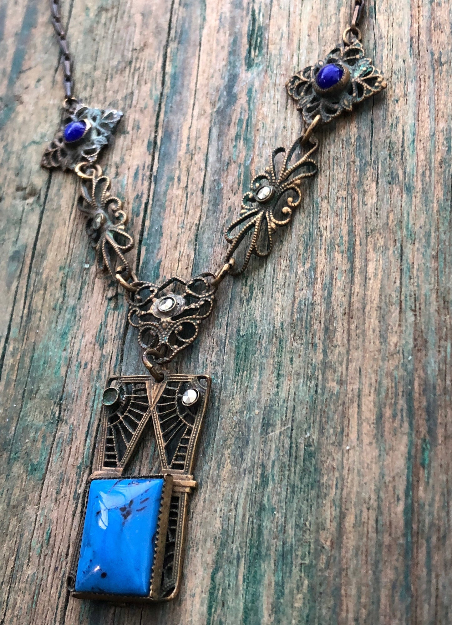 Gorgeous Antique Brass Czech Victorian Filigree Necklace Bezel Set Blue Lapis Turquoise Art Glass & Marcasite Cut Steel Stones