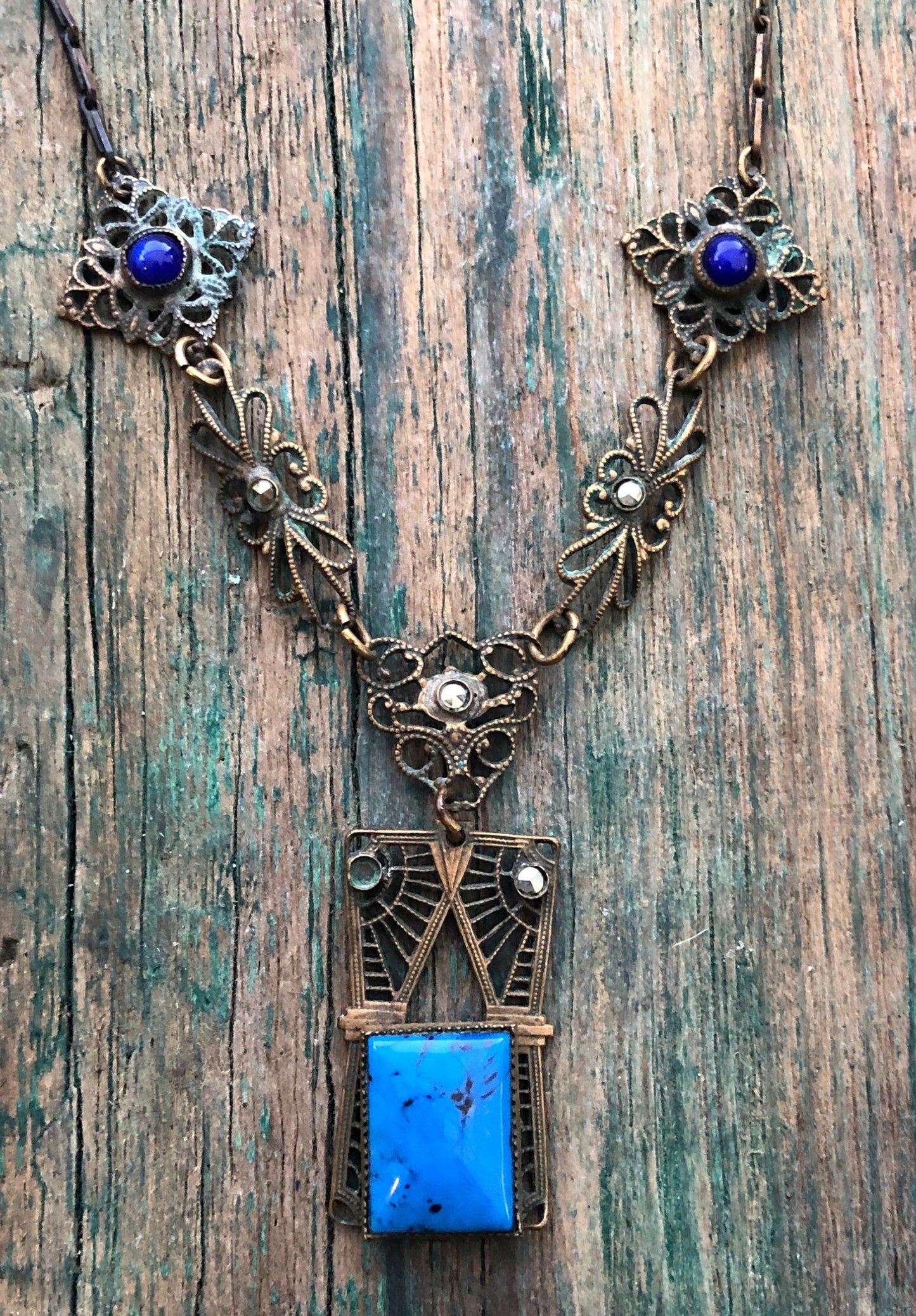 Gorgeous Antique Brass Czech Victorian Filigree Necklace Bezel Set Blue Lapis Turquoise Art Glass & Marcasite Cut Steel Stones