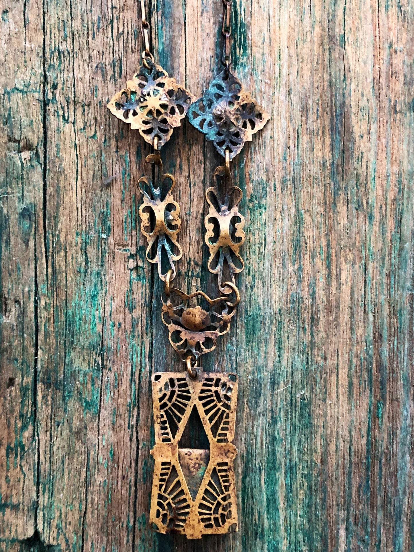 Gorgeous Antique Brass Czech Victorian Filigree Necklace Bezel Set Blue Lapis Turquoise Art Glass & Marcasite Cut Steel Stones