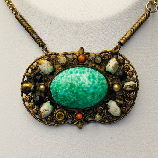 Art Nouveau Brass Filigree Peking Art Glass Unique Necklace