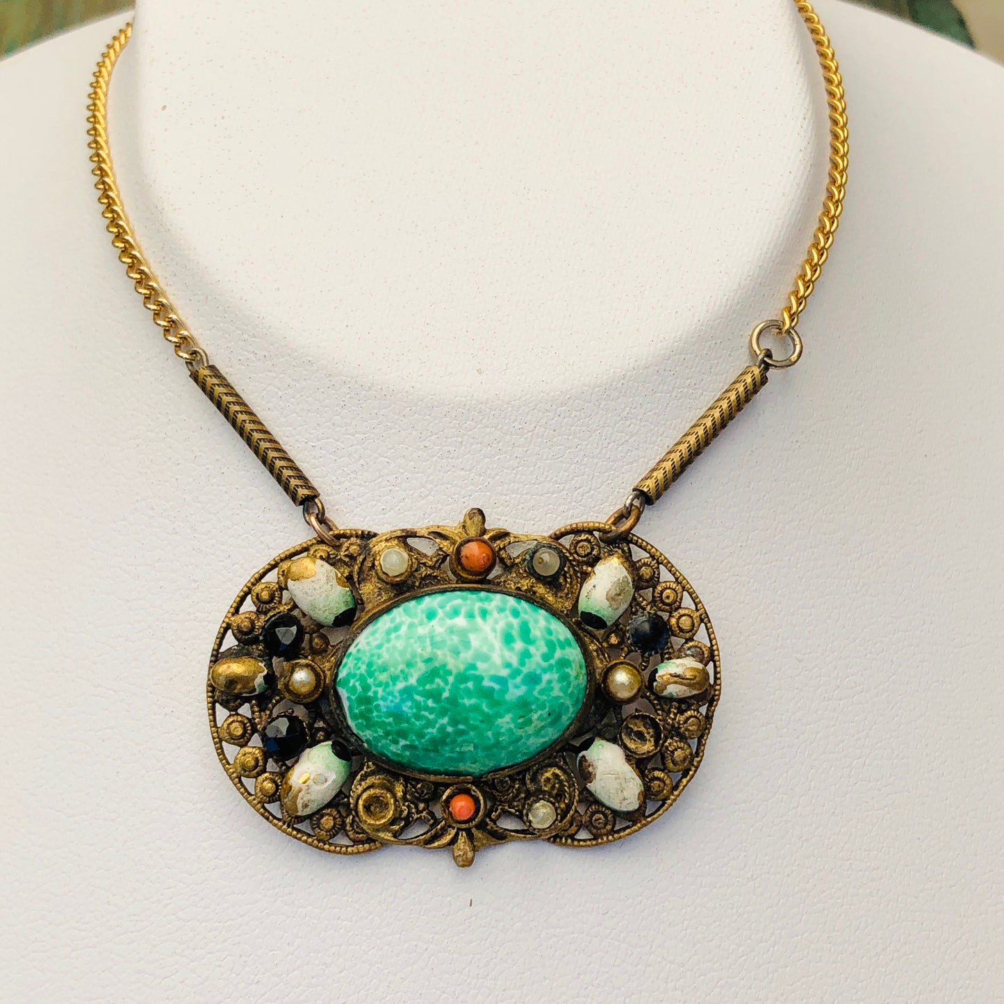 Art Nouveau Brass Filigree Peking Art Glass Unique Necklace