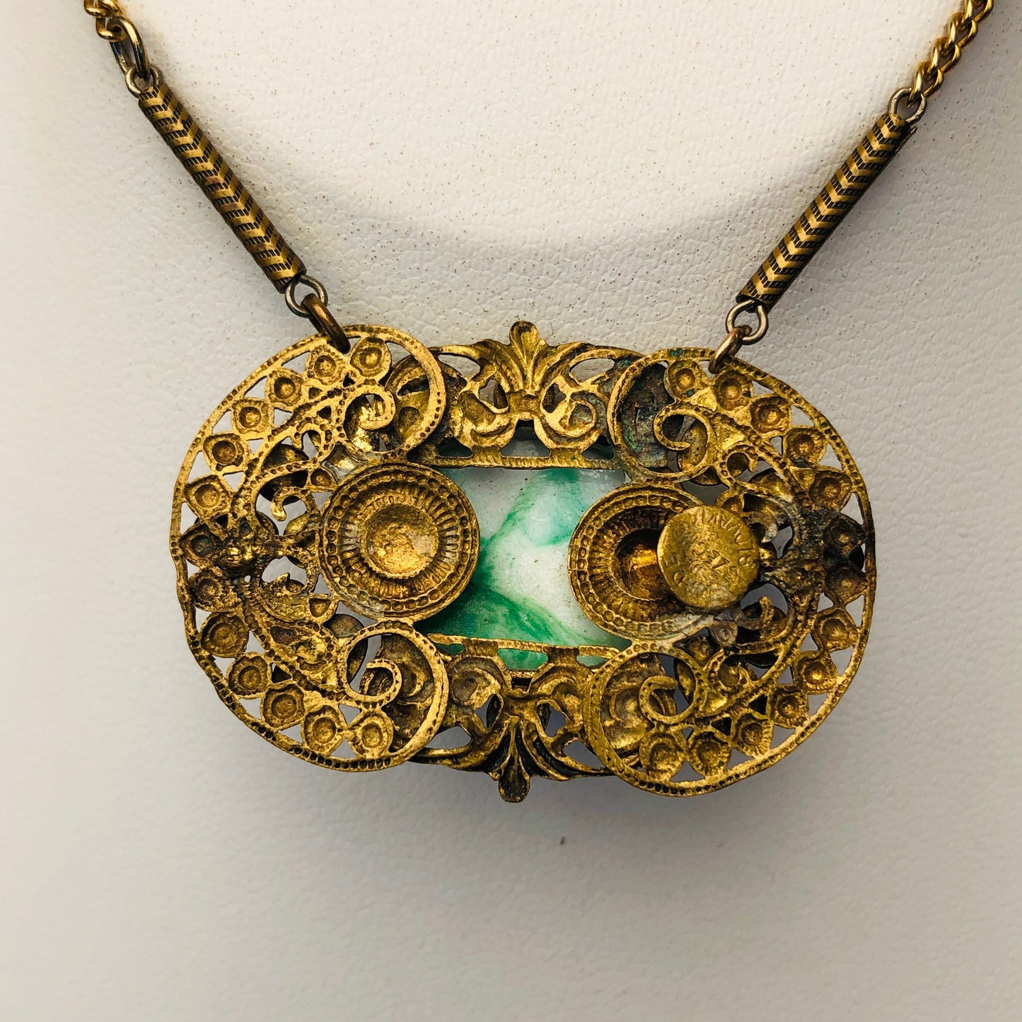 Art Nouveau Brass Filigree Peking Art Glass Unique Necklace