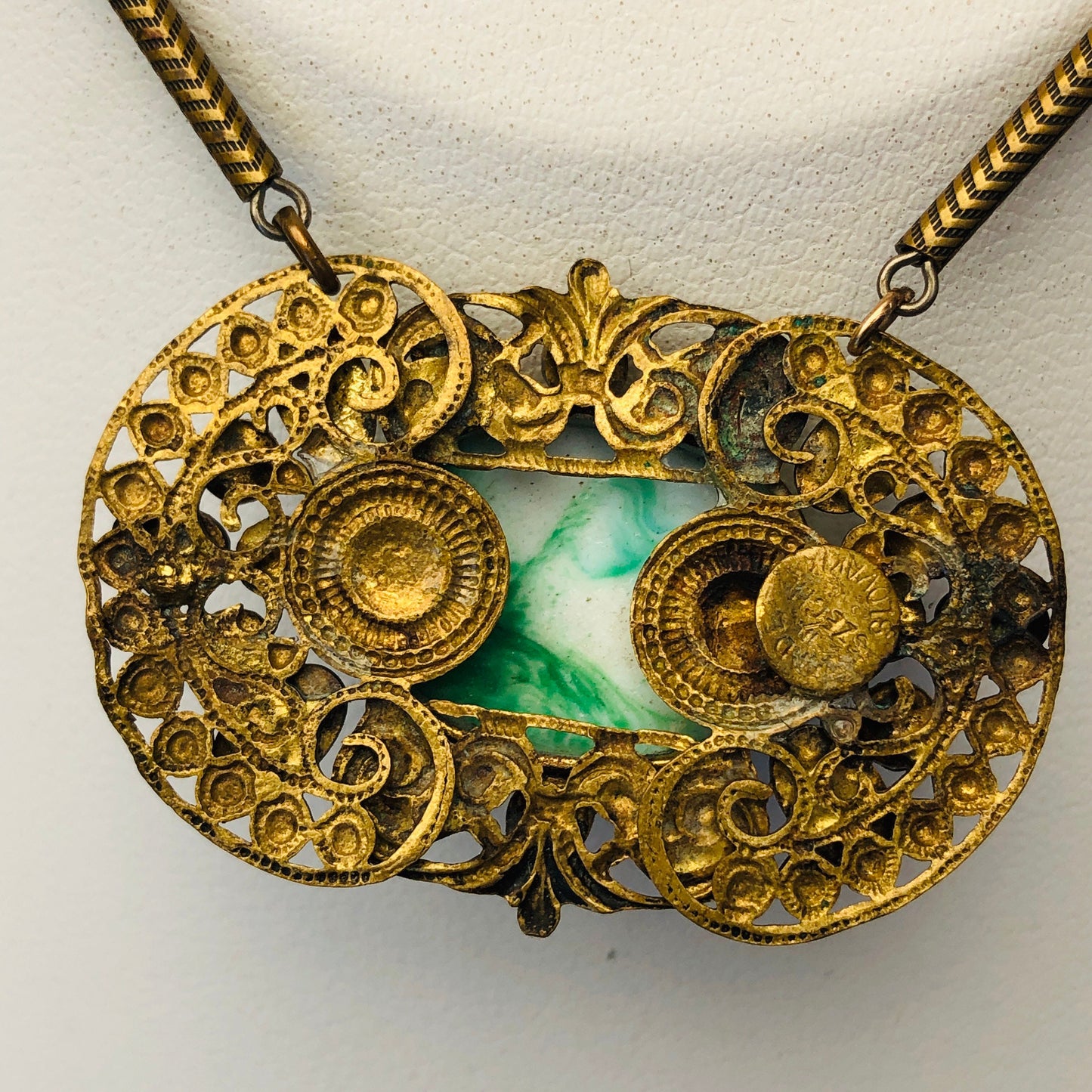 Art Nouveau Brass Filigree Peking Art Glass Unique Necklace