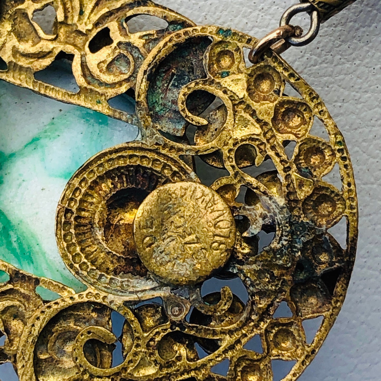 Art Nouveau Brass Filigree Peking Art Glass Unique Necklace