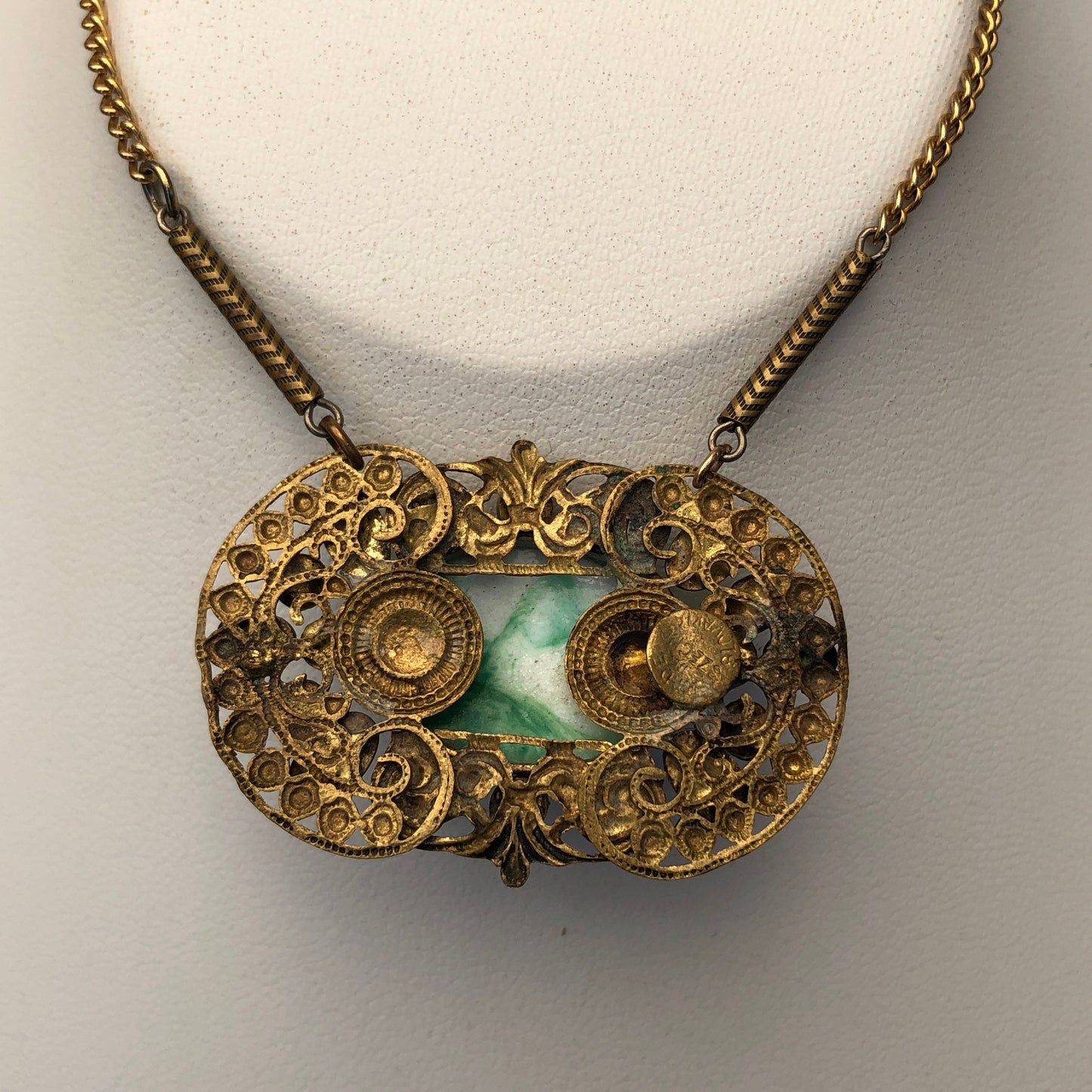Art Nouveau Brass Filigree Peking Art Glass Unique Necklace