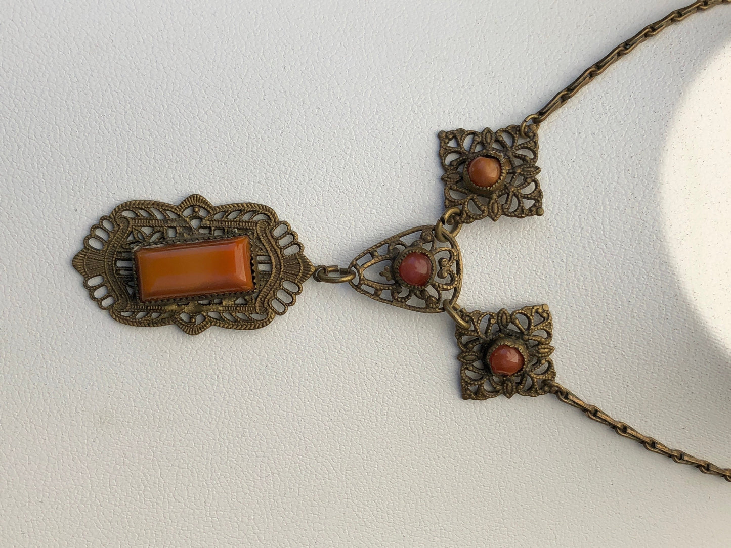 Art Nouveau Marbled Burnt Orange Citrine Art Glass Brass Filigree Necklace