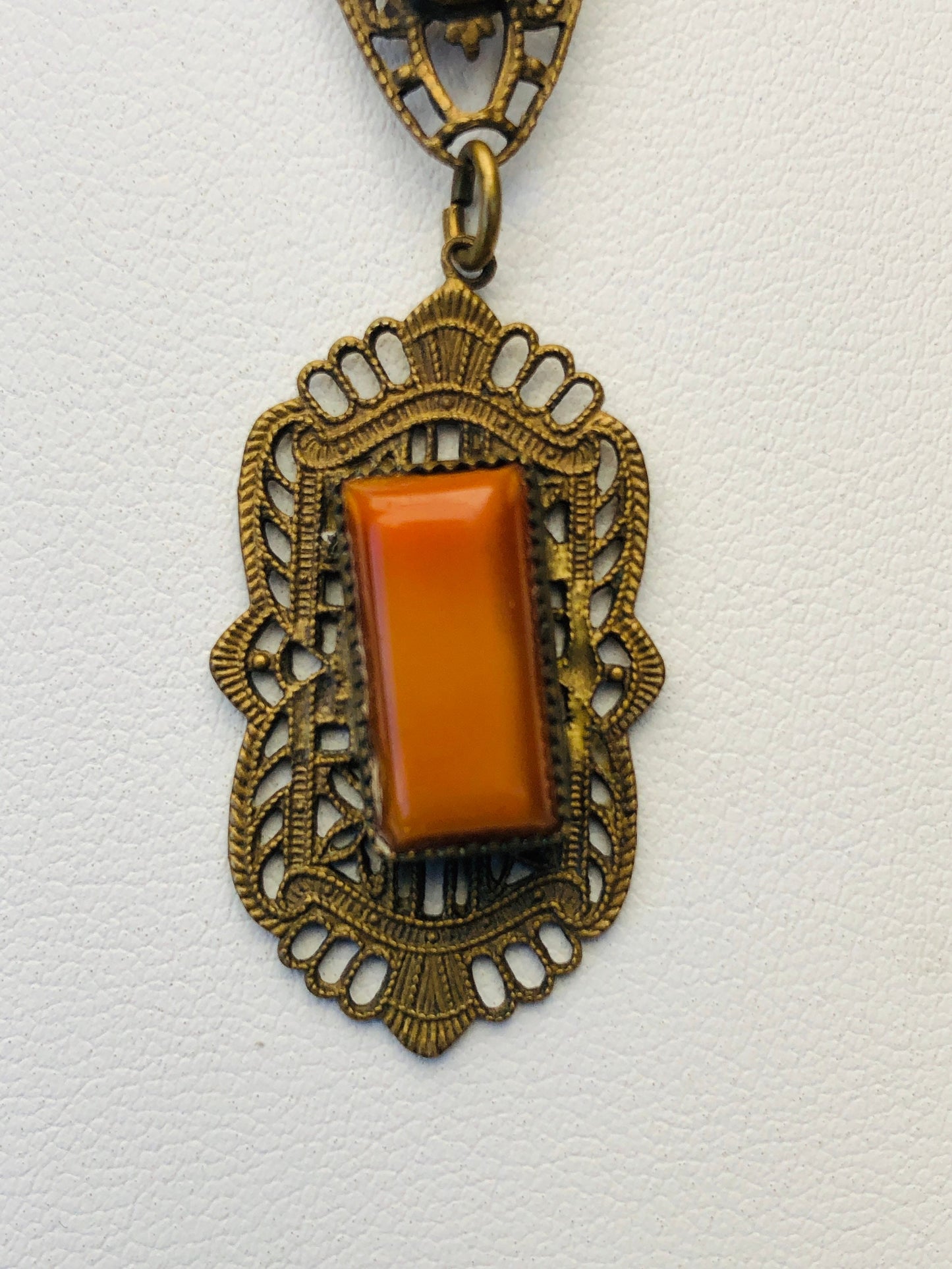 Art Nouveau Marbled Burnt Orange Citrine Art Glass Brass Filigree Necklace