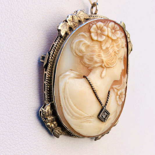 14K Gold Set Carved Shell Cameo with Diamond Necklace & Brooch