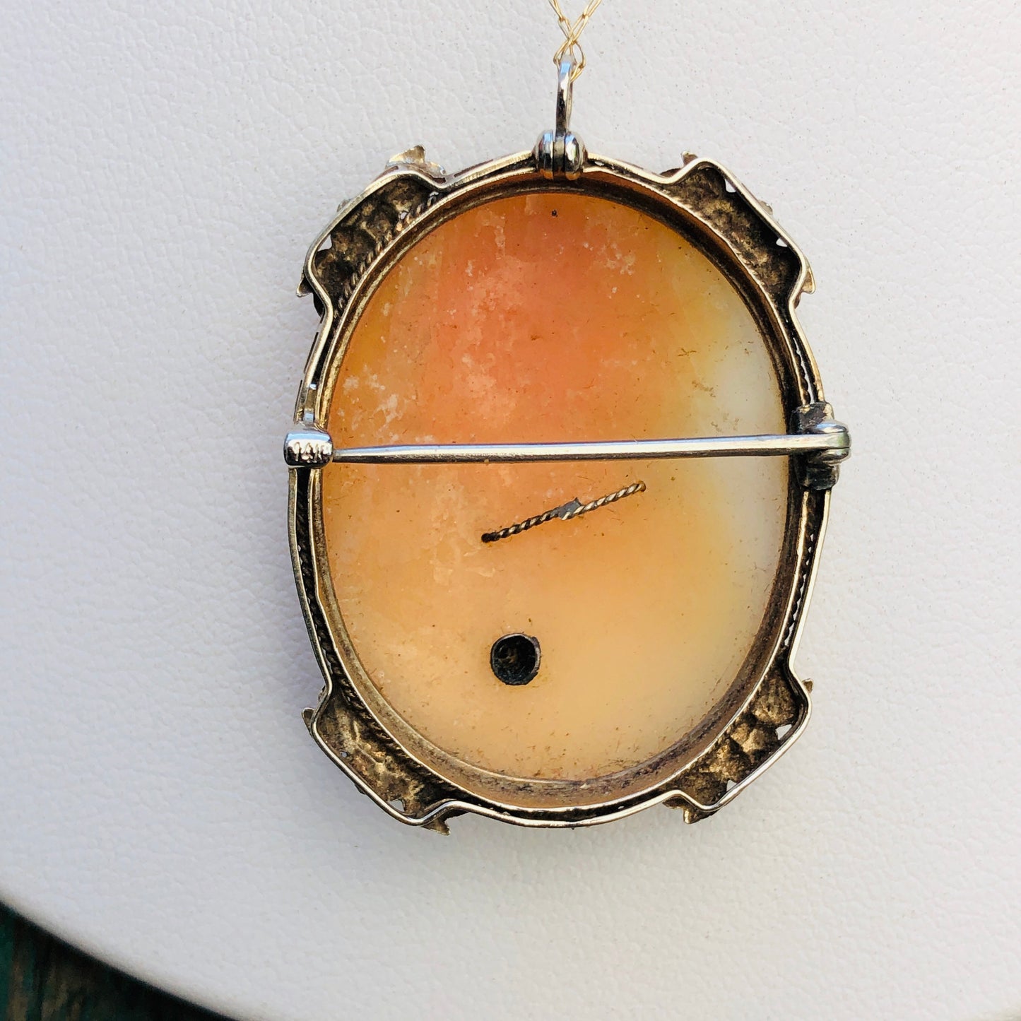14K Gold Set Carved Shell Cameo with Diamond Necklace & Brooch