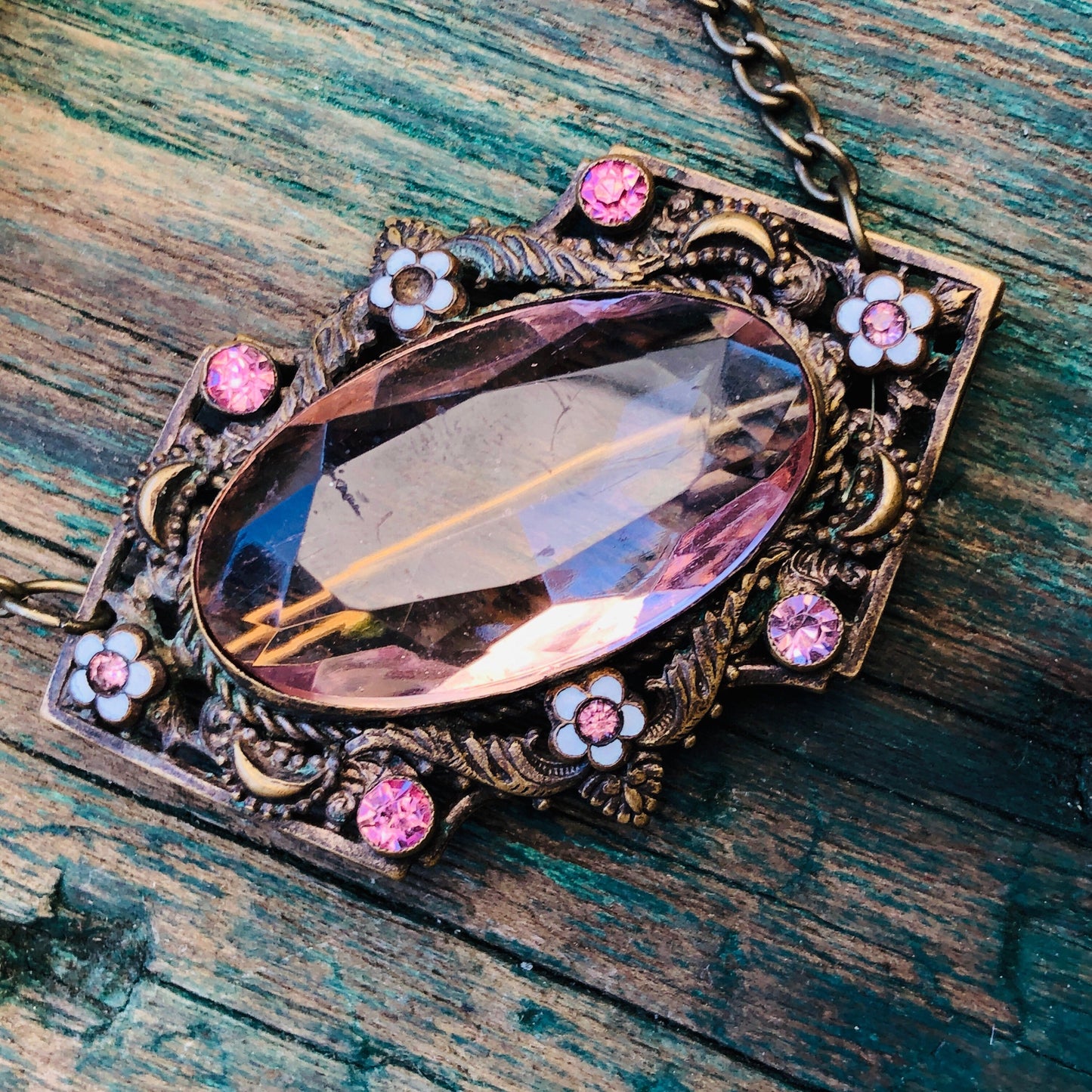 Czechoslovakian Brass Enamel & Pink Faceted Art Glass Brooch / Necklace Pendant