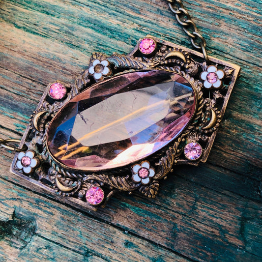 Czechoslovakian Brass Enamel & Pink Faceted Art Glass Brooch / Necklace Pendant