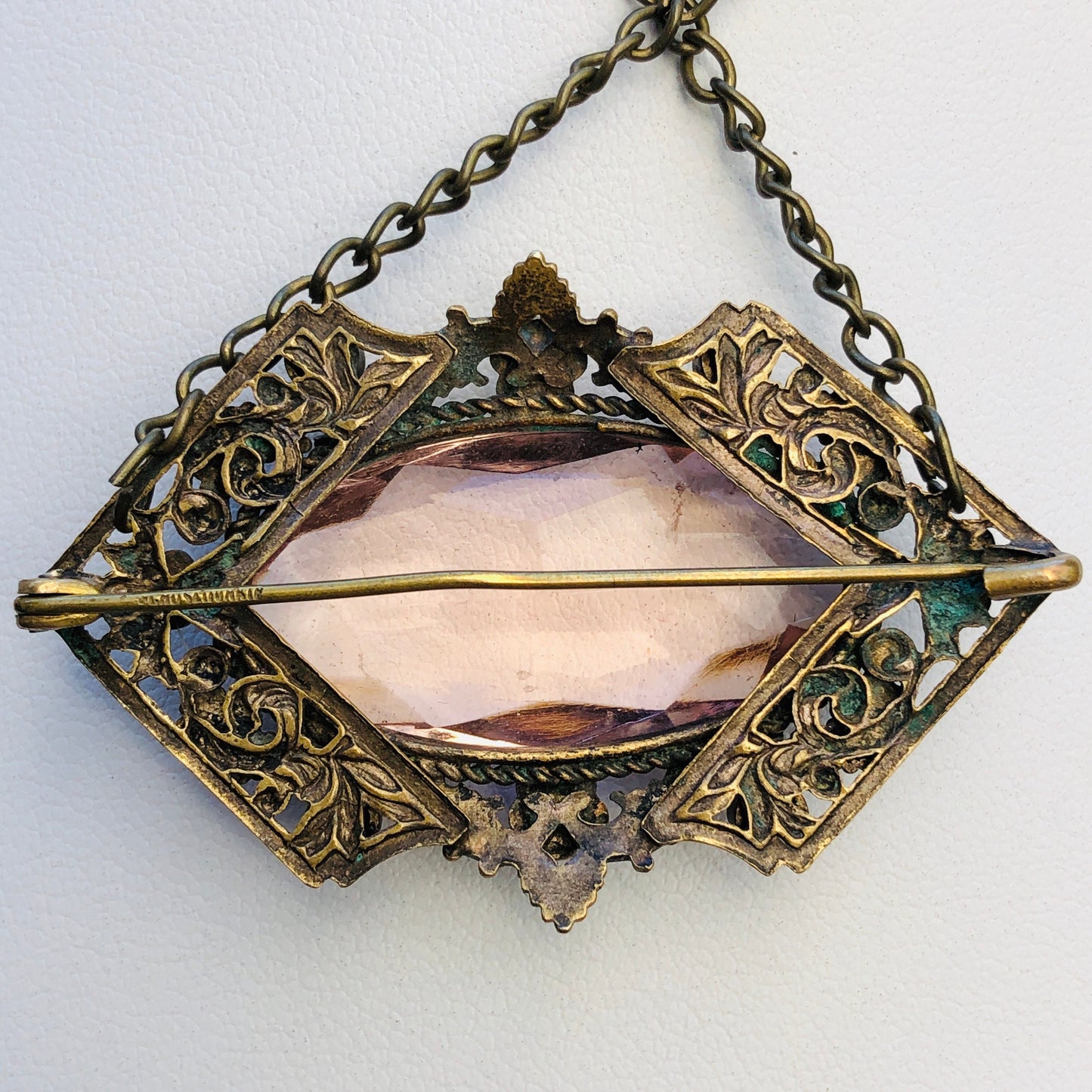 Czechoslovakian Brass Enamel & Pink Faceted Art Glass Brooch / Necklace Pendant