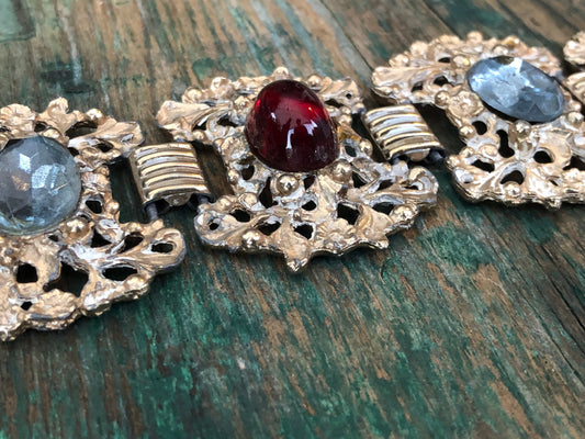 Rococo Gold Chunky Panel Book Chain Link Bracelet Red & Blue Art Glass