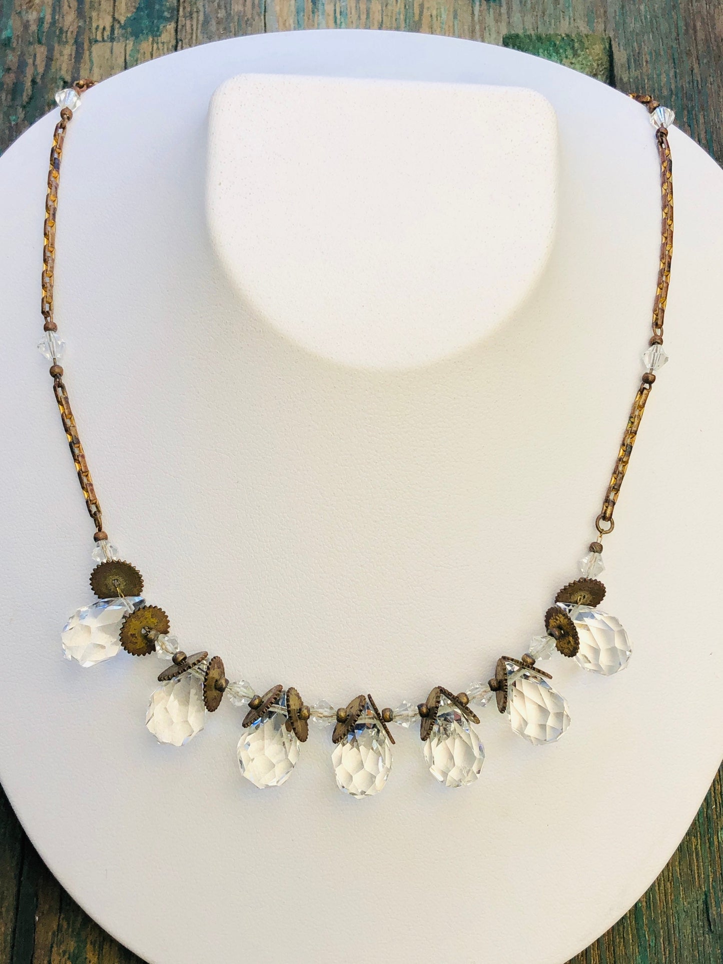 Antique Victorian Faceted Quartz Briolette Drop Festoon Necklace on Gilt Chain with Sawblades