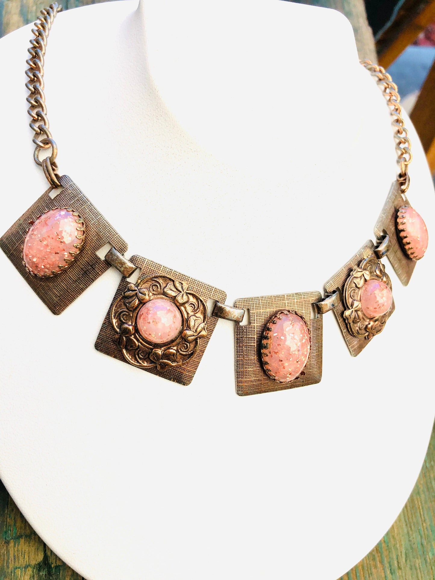 Art Deco Mid Century Modern Copper Confetti Art Glass Necklace