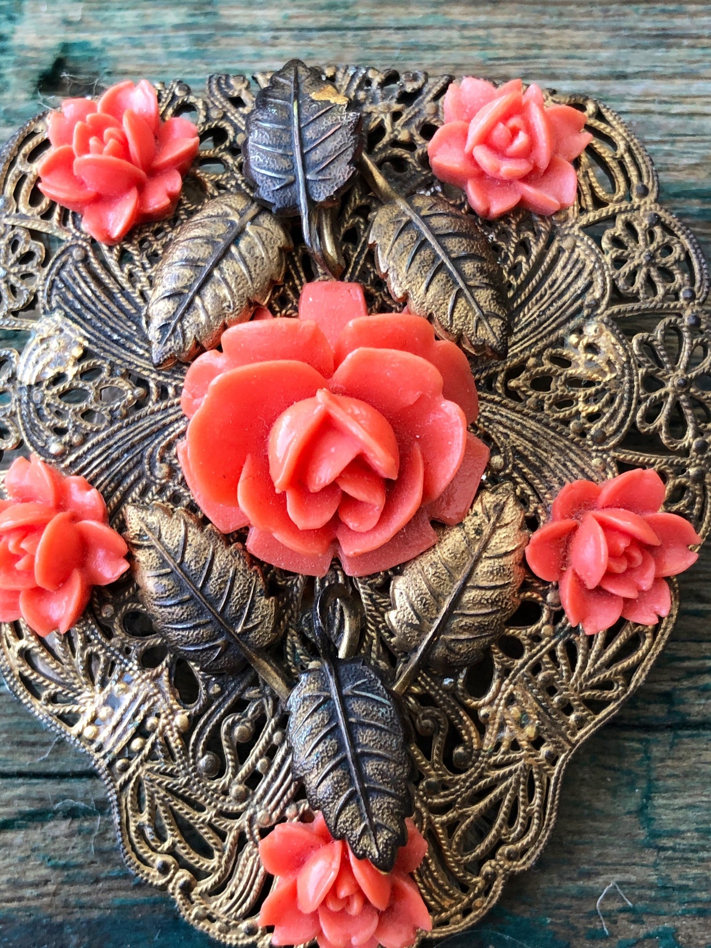 Brass Filigree & Celluloid Pink Coral Molded Flowers Floral Dress-Clip Brooch