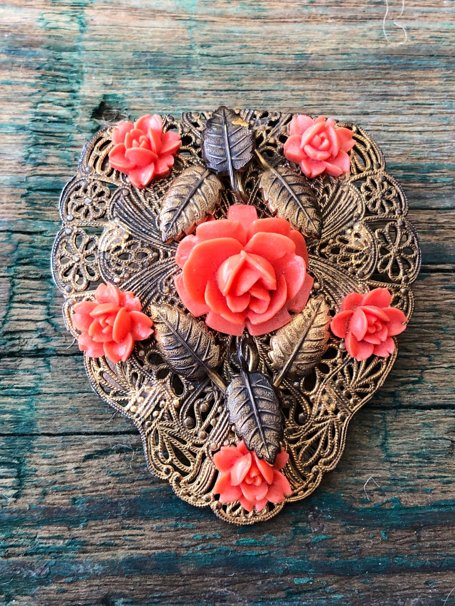 Brass Filigree & Celluloid Pink Coral Molded Flowers Floral Dress-Clip Brooch