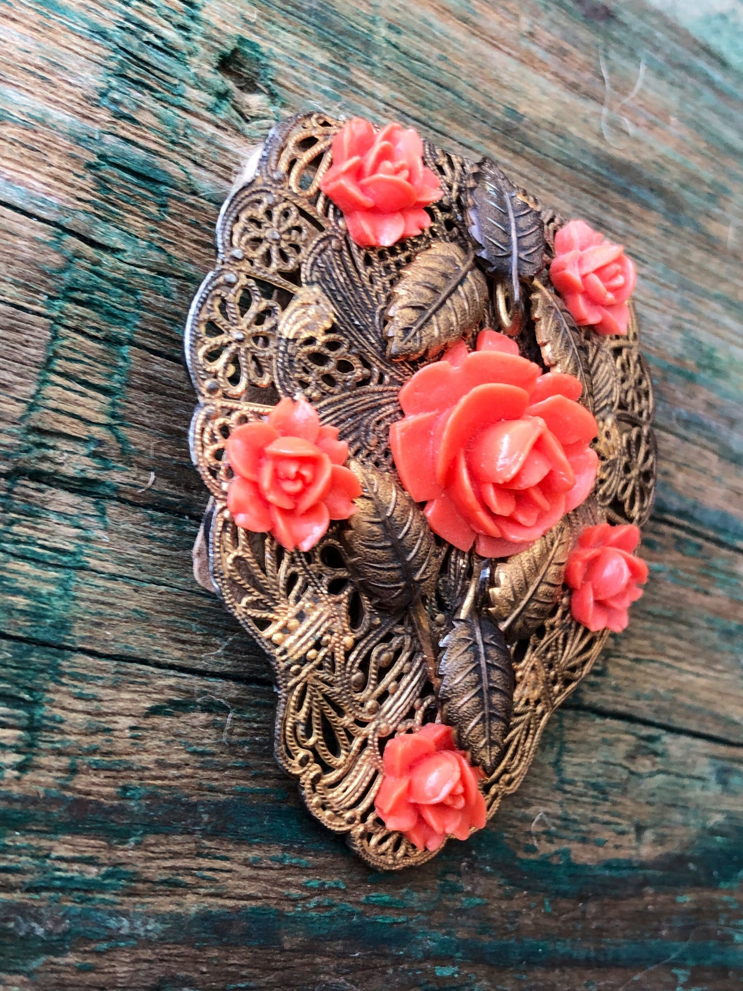 Brass Filigree & Celluloid Pink Coral Molded Flowers Floral Dress-Clip Brooch
