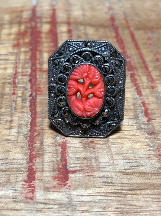 Art Deco Sterling & Marcasite Red Coral Art Glass Ring