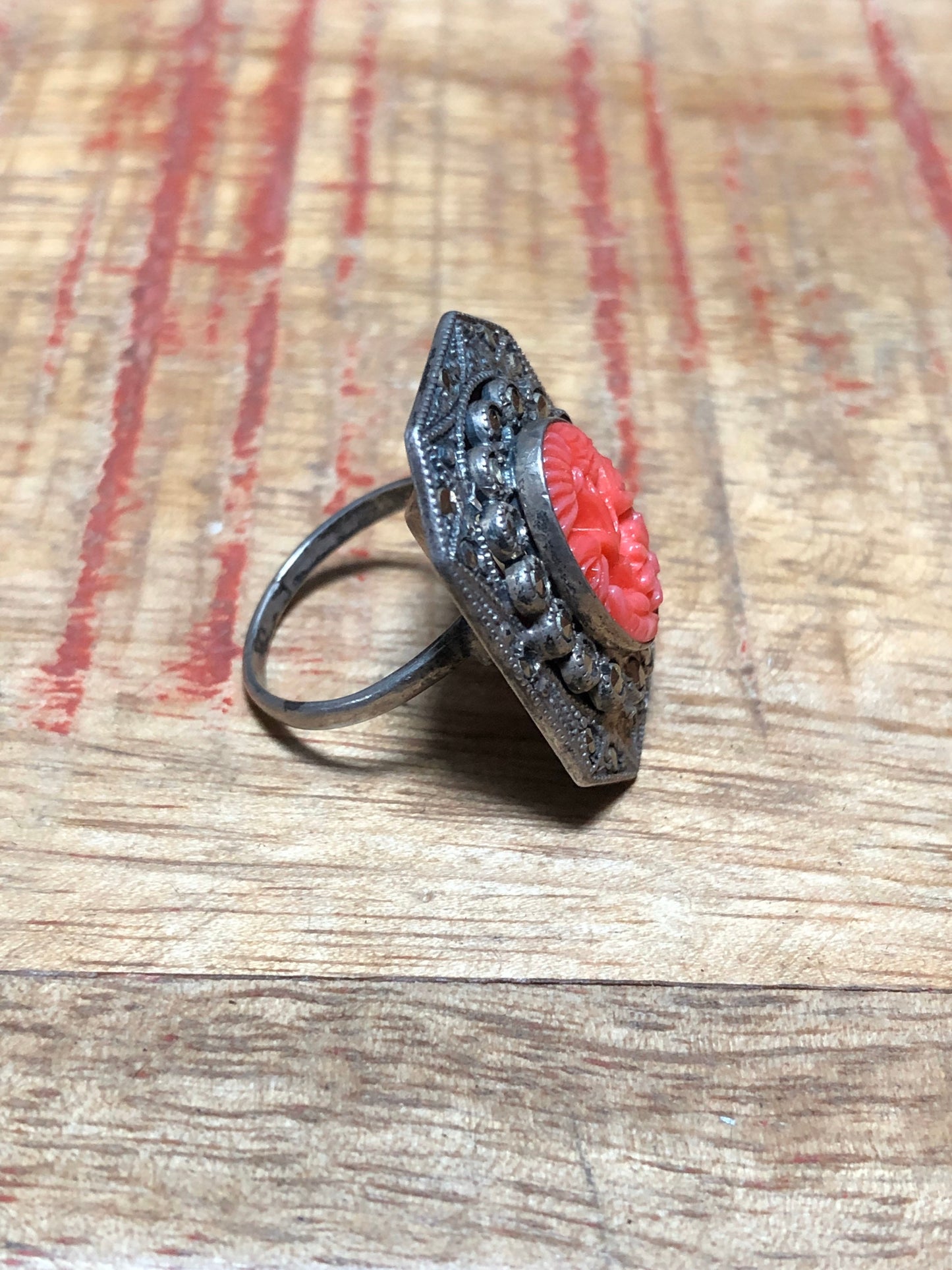 Art Deco Sterling & Marcasite Red Coral Art Glass Ring