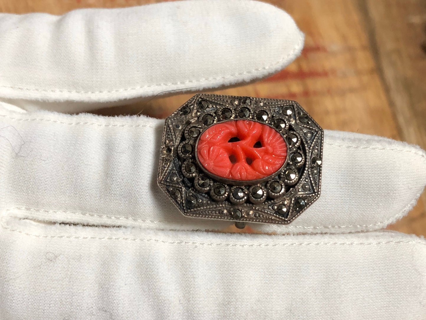 Art Deco Sterling & Marcasite Red Coral Art Glass Ring