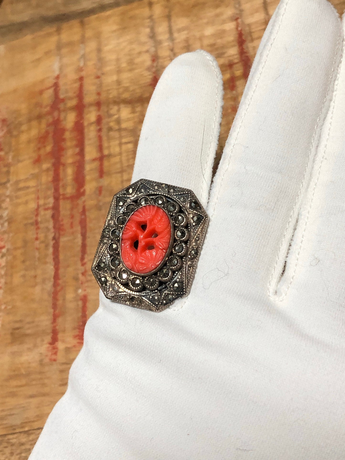Art Deco Sterling & Marcasite Red Coral Art Glass Ring