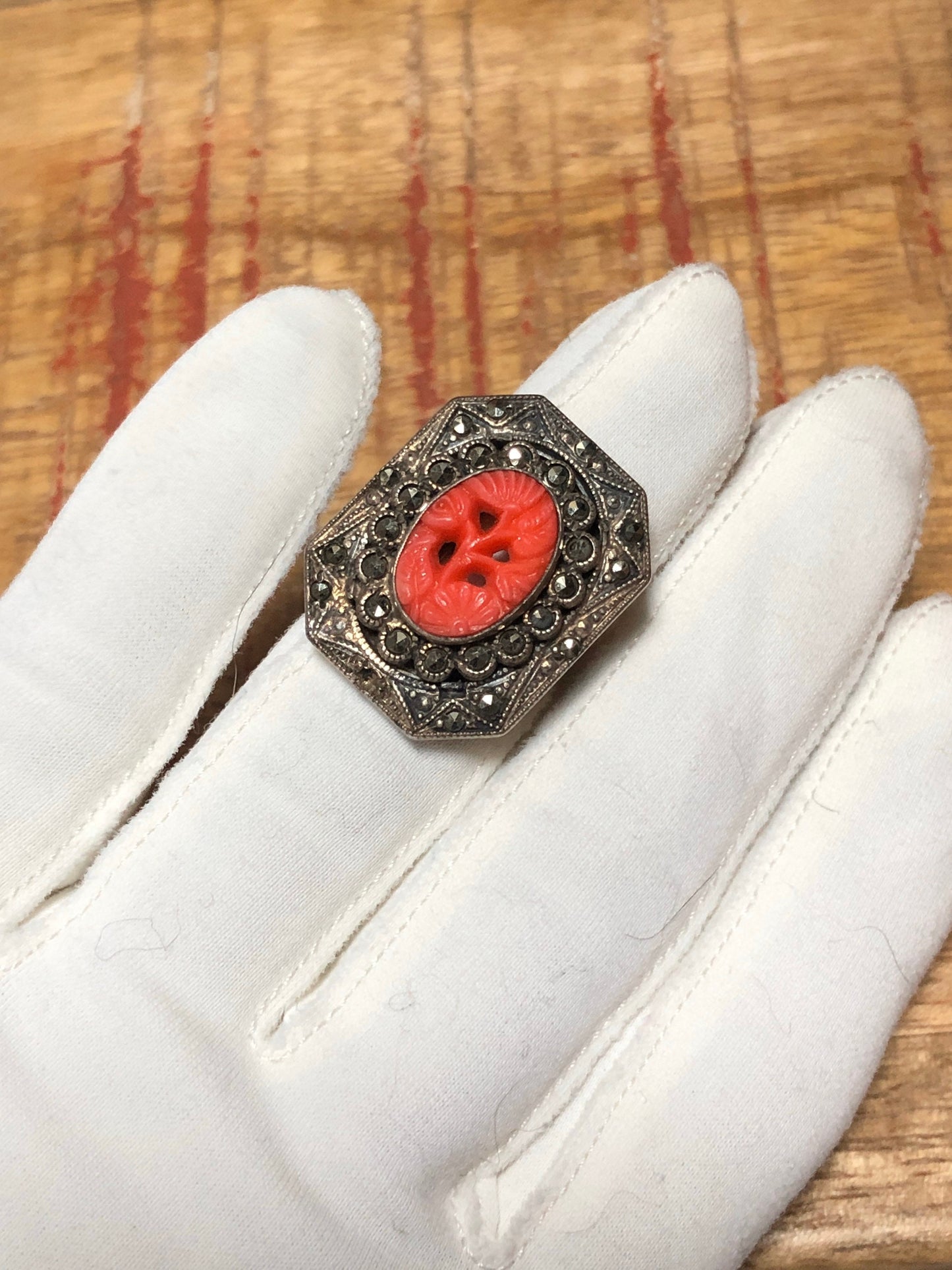 Art Deco Sterling & Marcasite Red Coral Art Glass Ring