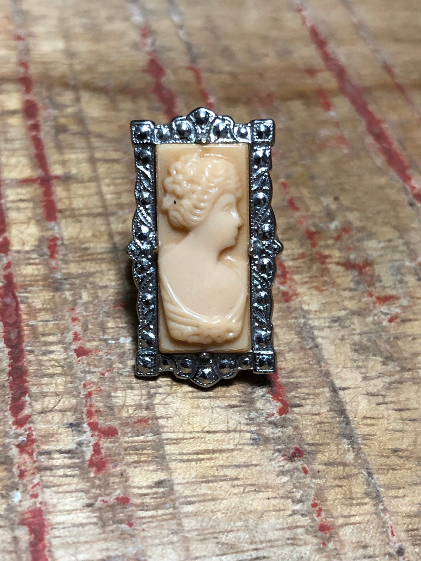 Amazing Celluloid Cameo Sterling Silver & Marcasite Art Deco Ring