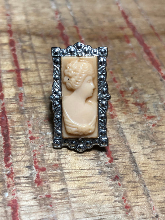Amazing Celluloid Cameo Sterling Silver & Marcasite Art Deco Ring