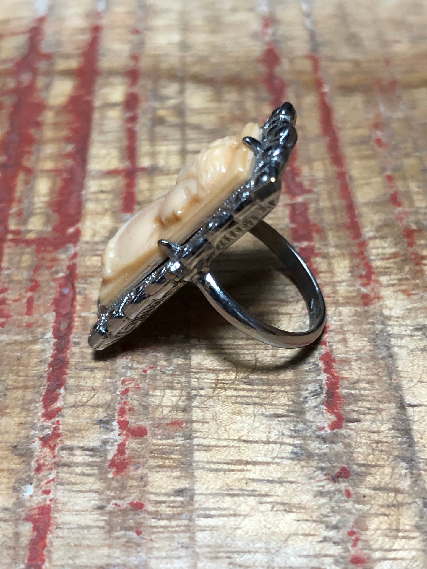 Amazing Celluloid Cameo Sterling Silver & Marcasite Art Deco Ring