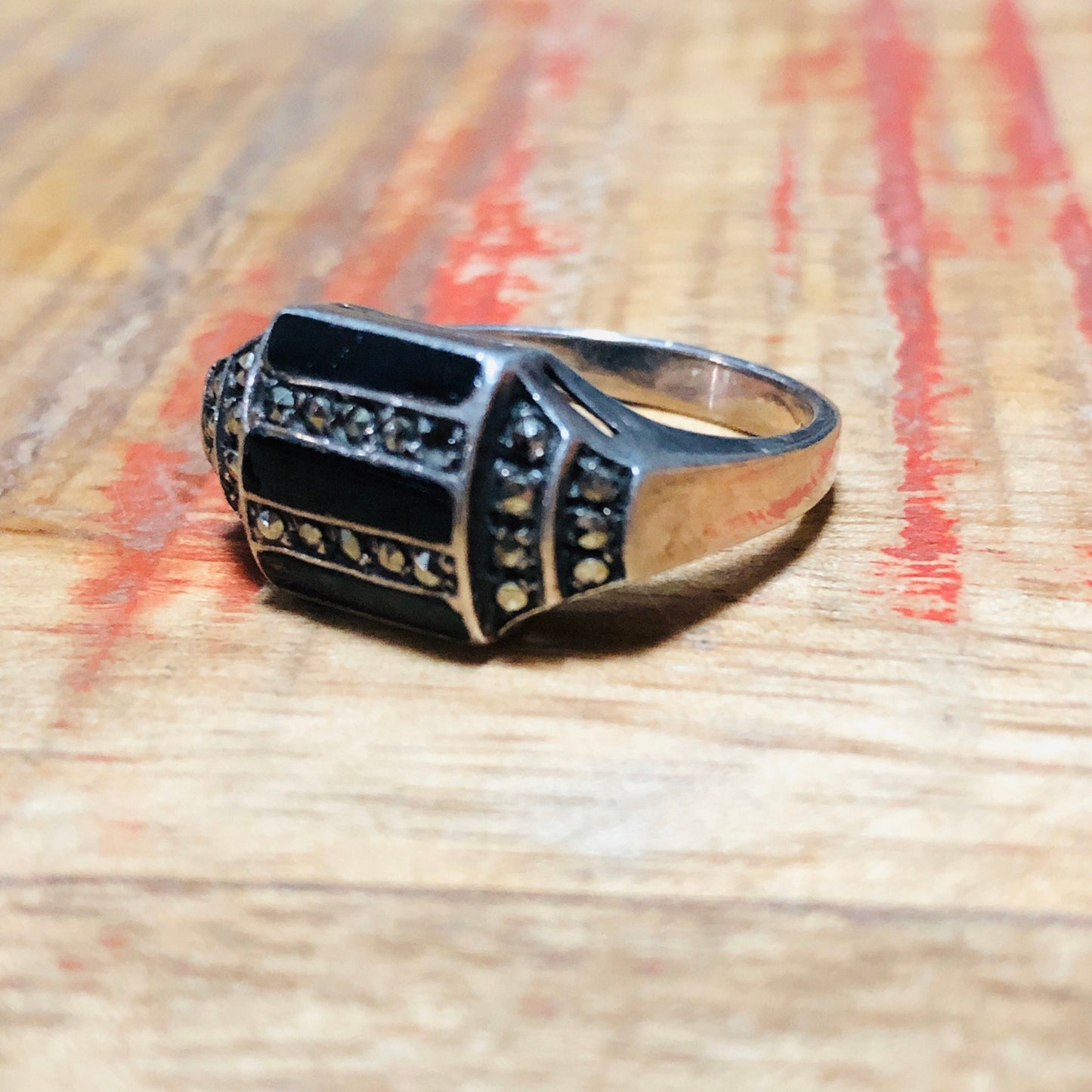 Art Deco Sterling Silver & Marcasite Triple Onyx Gemstone Geometric Ring
