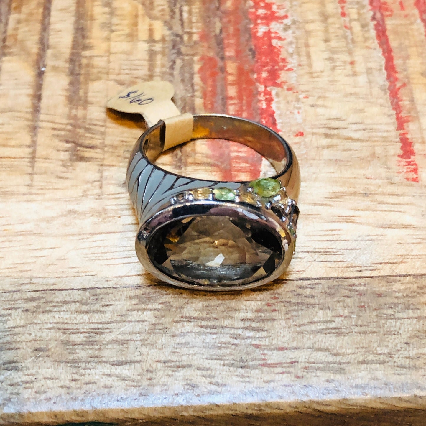 Incredible Unique Sterling Smokey Tooaz, Peridot, Citrine Ring with Taupe Animal Print Enamel