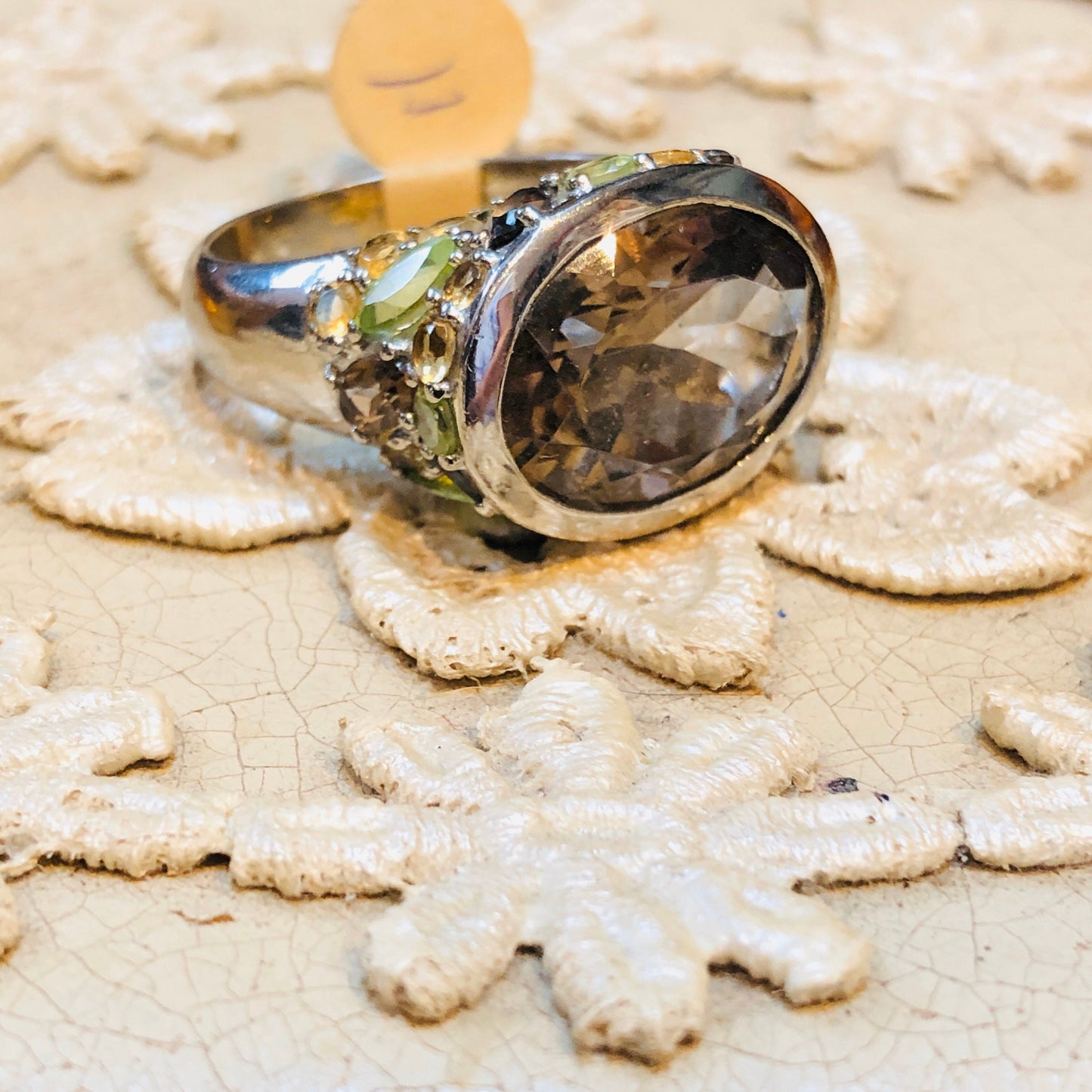 Incredible Unique Sterling Smokey Tooaz, Peridot, Citrine Ring with Taupe Animal Print Enamel