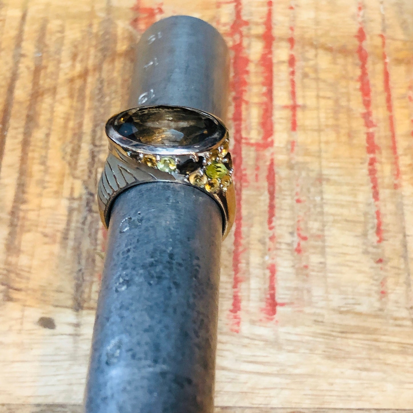 Incredible Unique Sterling Smokey Tooaz, Peridot, Citrine Ring with Taupe Animal Print Enamel