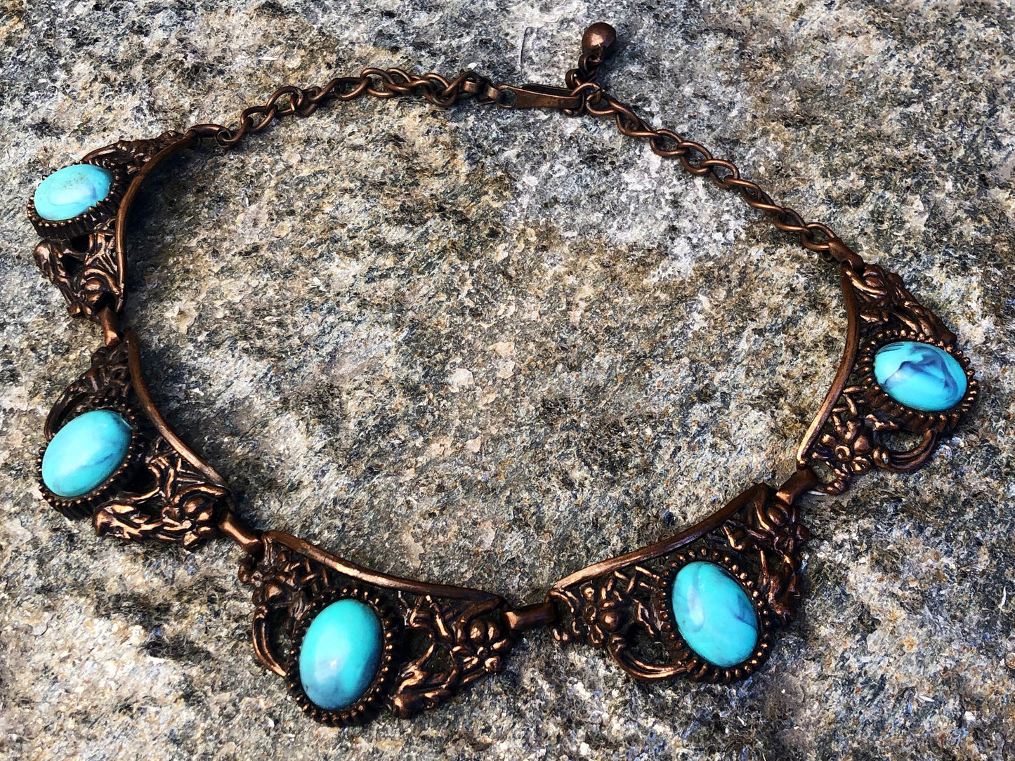 Vintage Renoir Cast Copper Link Marbled Celluloid Turquoise Panel Link Choker Necklace