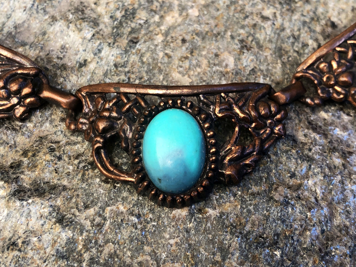 Vintage Renoir Cast Copper Link Marbled Celluloid Turquoise Panel Link Choker Necklace