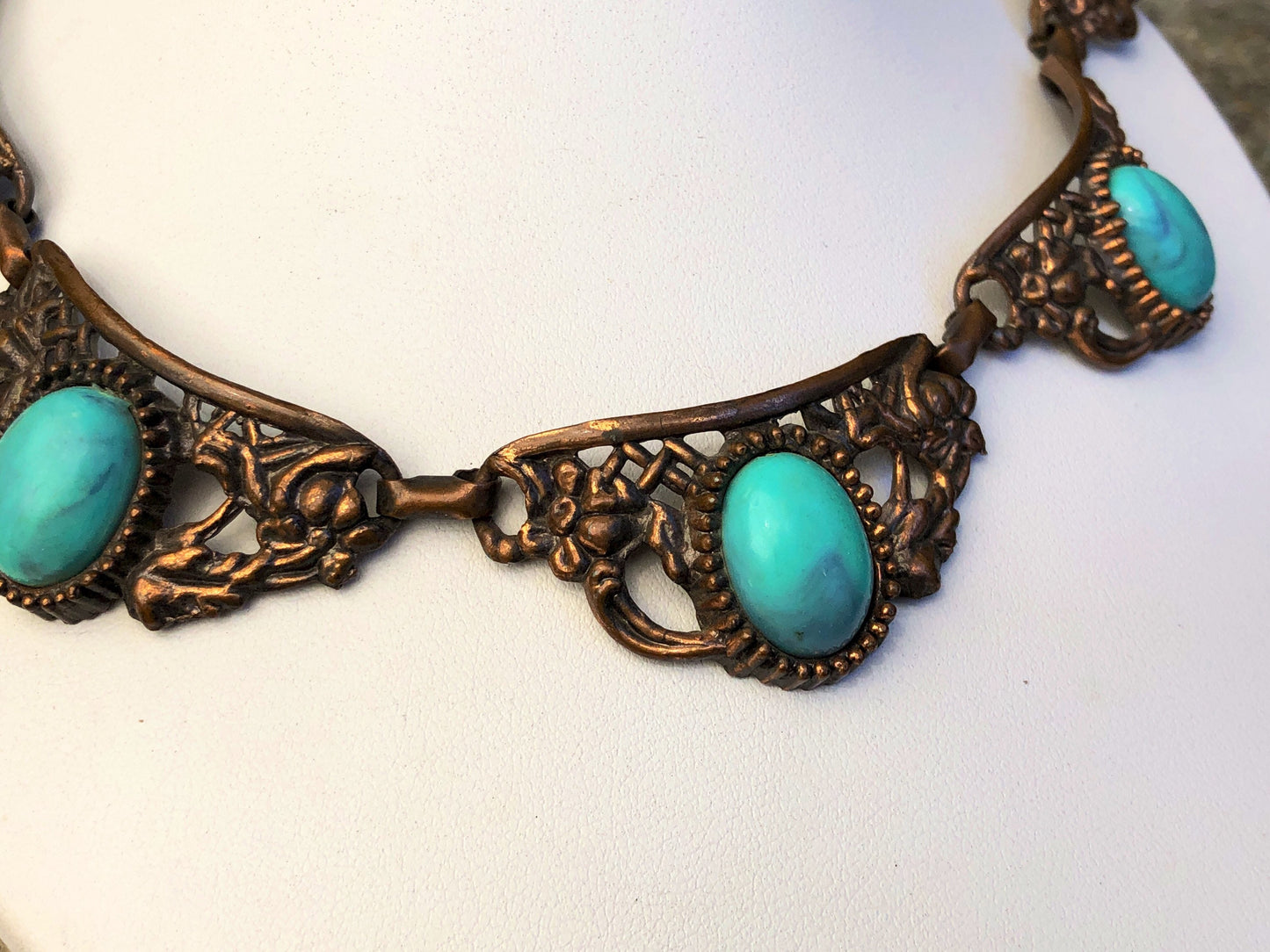 Vintage Renoir Cast Copper Link Marbled Celluloid Turquoise Panel Link Choker Necklace