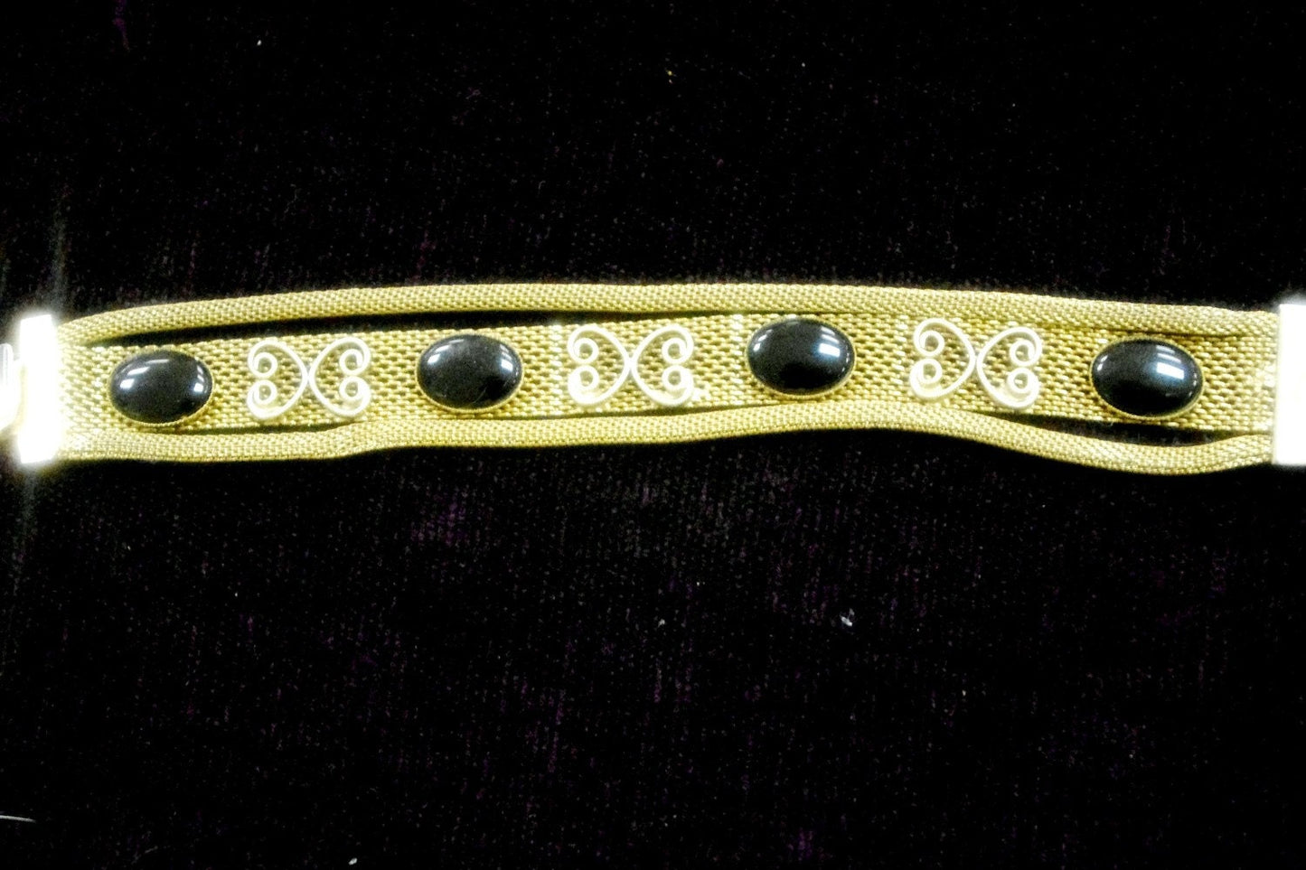 SALE Antique Victorian Gold Mesh, Filigree & Jet Black Onyx Cabochon Bracelet