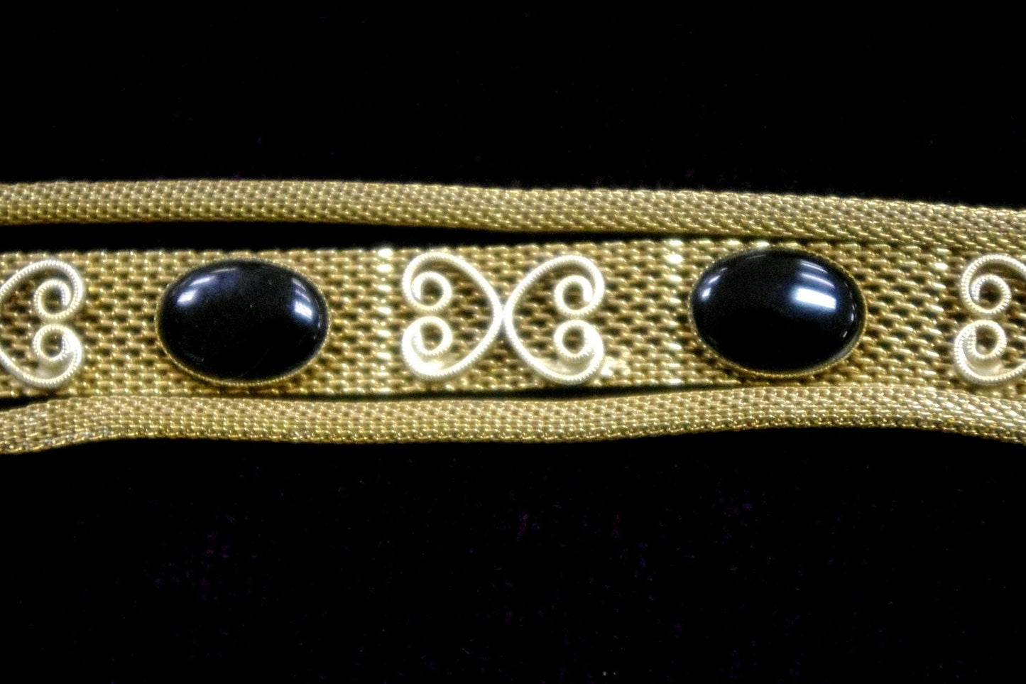 SALE Antique Victorian Gold Mesh, Filigree & Jet Black Onyx Cabochon Bracelet