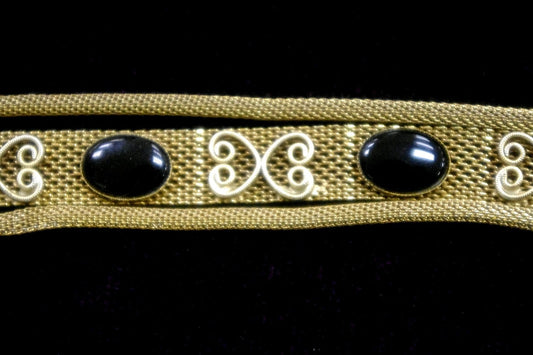 SALE Antique Victorian Gold Mesh, Filigree & Jet Black Onyx Cabochon Bracelet