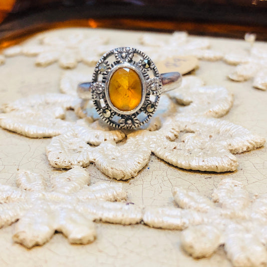 Art Deco Sterling Silver & Marcasite Citrine Gemstone Ring