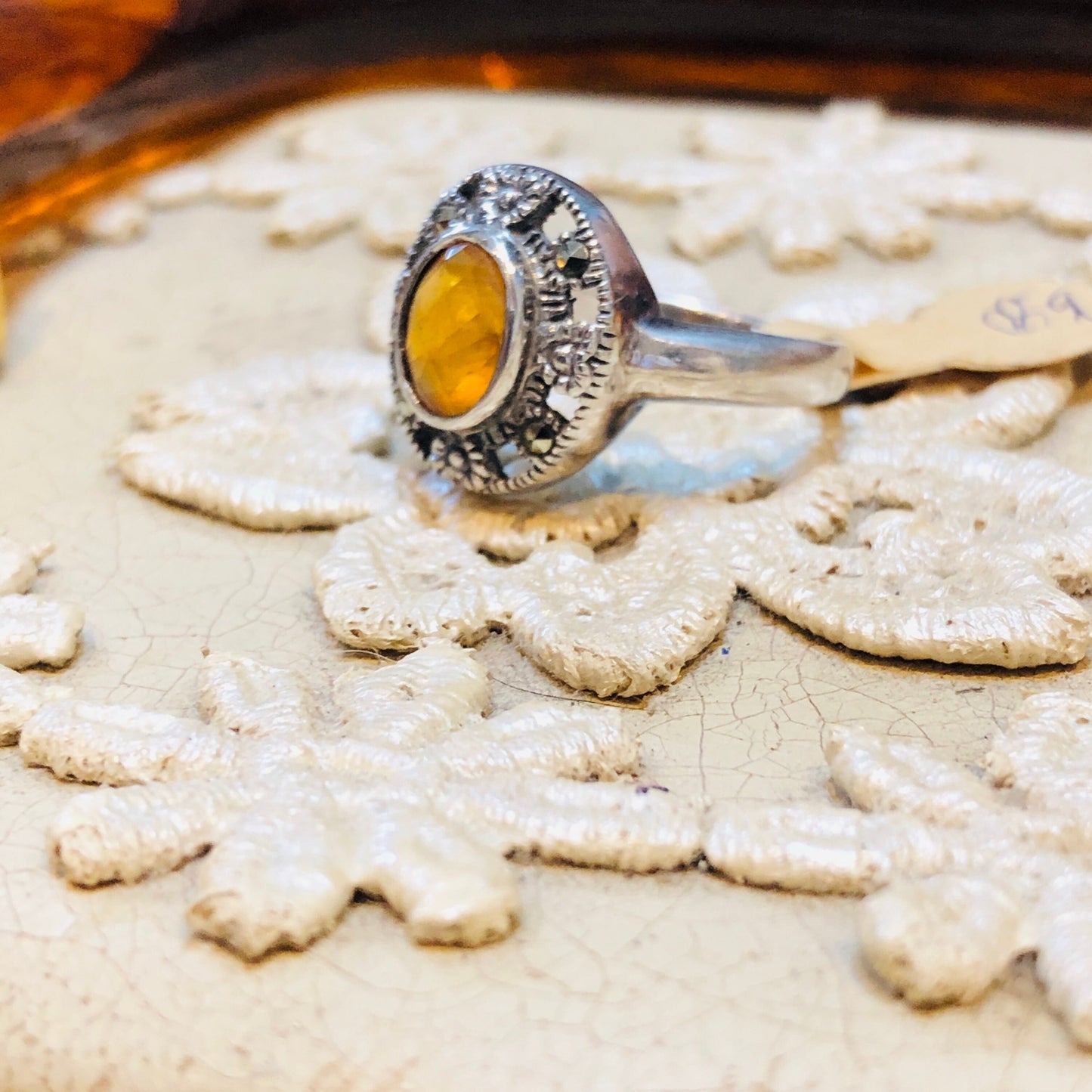 Art Deco Sterling Silver & Marcasite Citrine Gemstone Ring